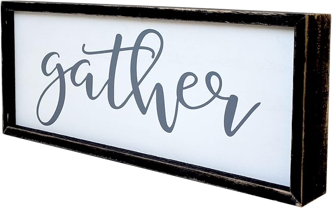 Gather Sign for Home Decor in Grey - Farmhouse Kitchen Dining Room Wall Decor - Rustic Wall Decoration Solid Wood Thick Black Frame 12x5 Inches-Ruum Studio Home