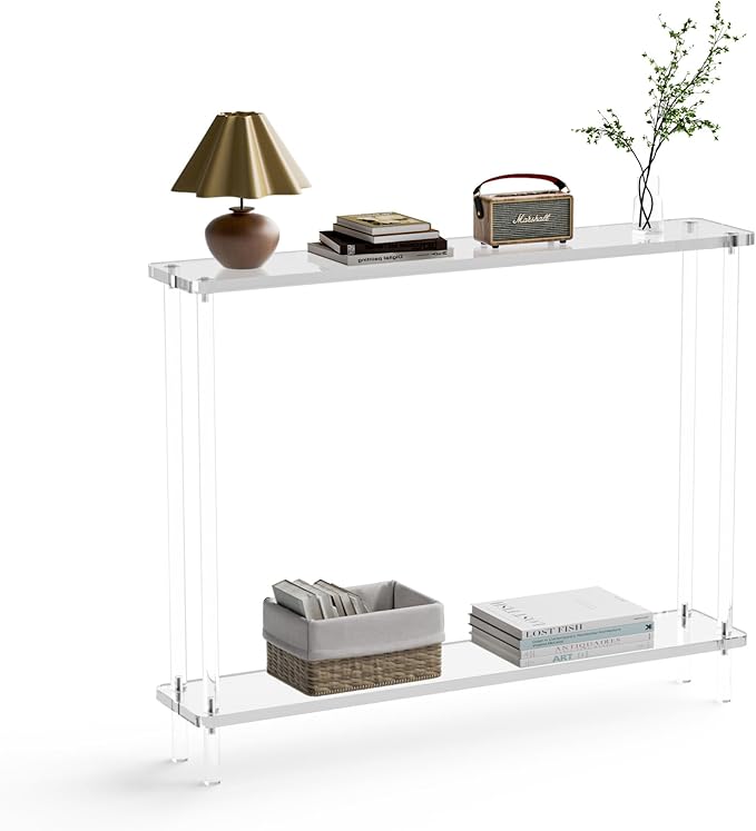 Acrylic Console Table, 2 Tier Acrylic Narrow Console Tables for Entryway,CHICUN, Square Legs, Skinny Console Table for Foyer, Sofa, Living Room,Clear-Ruum Studio Home