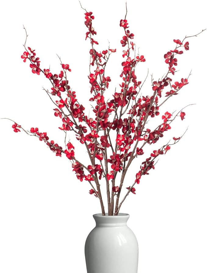 4Pcs Cherry Blossom Branches Artificial Flowers for Spring Summer Indoor Decoration,Faux Long Stem Artificial Flowers for Wedding Home Office Bedroom Party Table Centerpieces Decor(Red)-Ruum Studio Home