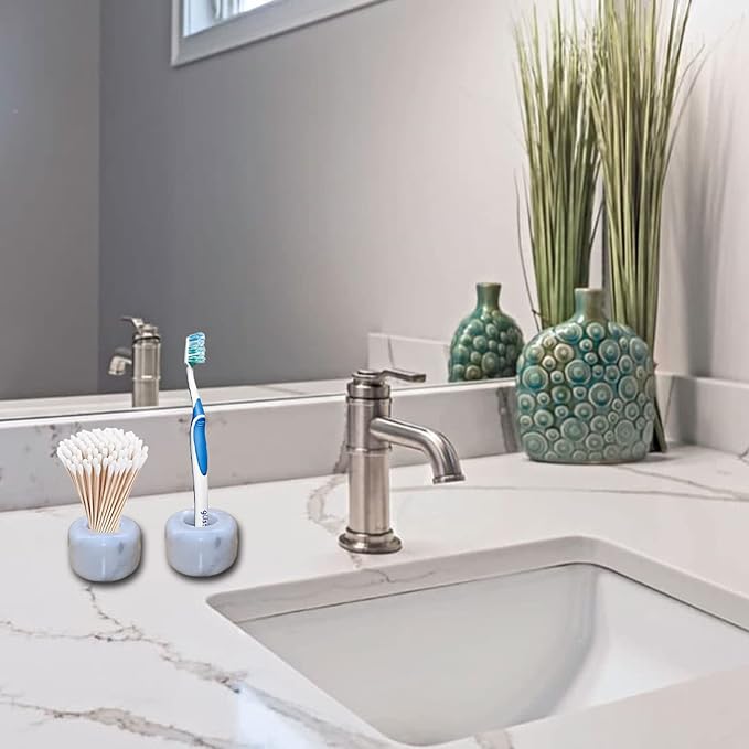 White Marble Toothbrush Stand/Holder - Real Marble Toothbrush Stand - Minimalist Modern Single Tooth Brush Holder. Pack of 2-Ruum Studio Home