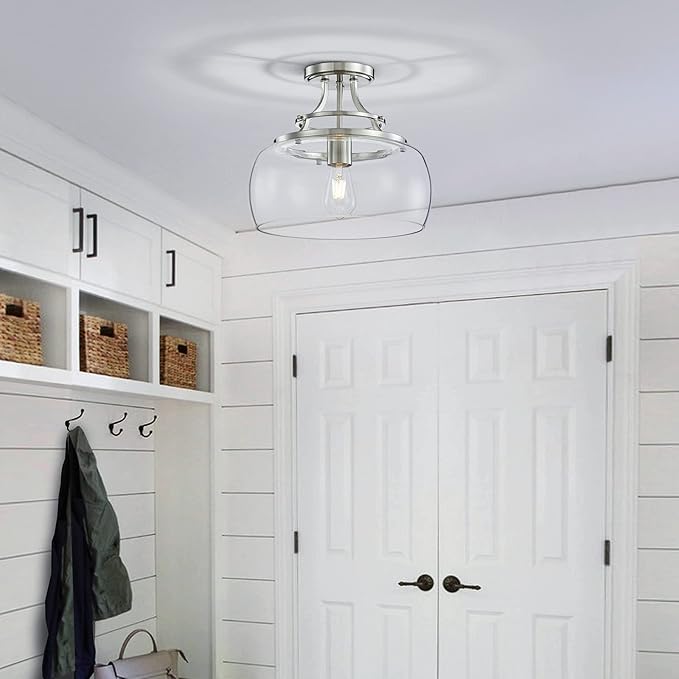 WUZUPS Chandelier Rustic Farmhouse Industrial Round Semi-flushmount Ceiling LED Light Fixture with Clear Glass Shades for Bathroom Kitchen Foyer Entryway, H 11.8" x W 13.4", E26 Base, Brushed Nickel-Ruum Studio Home