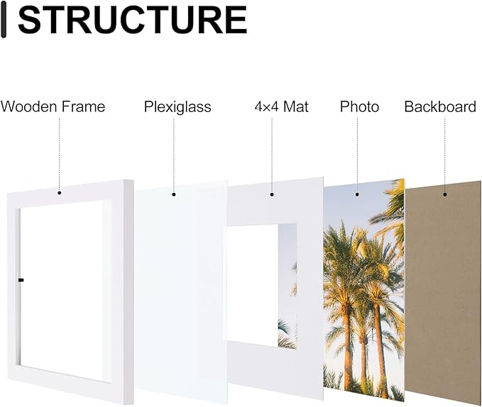 Vittanly 8x8 Picture Frames Set of 9, Shatter Resistant Plexiglass, Display 4x4 Pictures with Mat or 8x8 without Mat, Photo Frames for Wall Mount, Engineered Wood, White-Ruum Studio Home