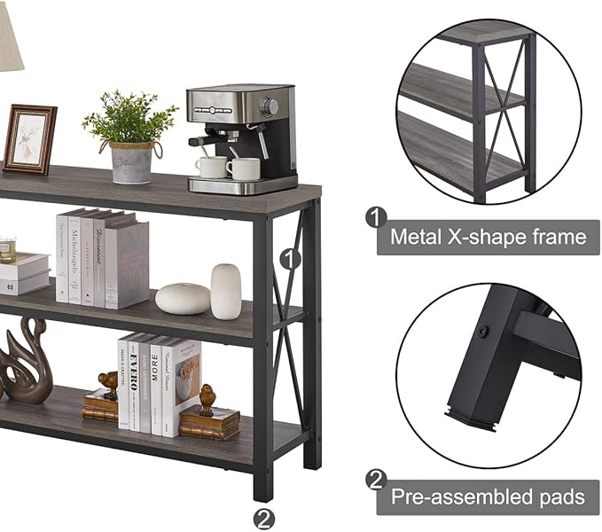 BON AUGURE Rustic Sofa Table Behind Couch, Industrial Console Tables for Entryway, 3 Tier Wood Shelves Entry Table with Storage for Foyer, Hallway, Front Door (47 Inch, Dark Grey Oak)-Ruum Studio Home