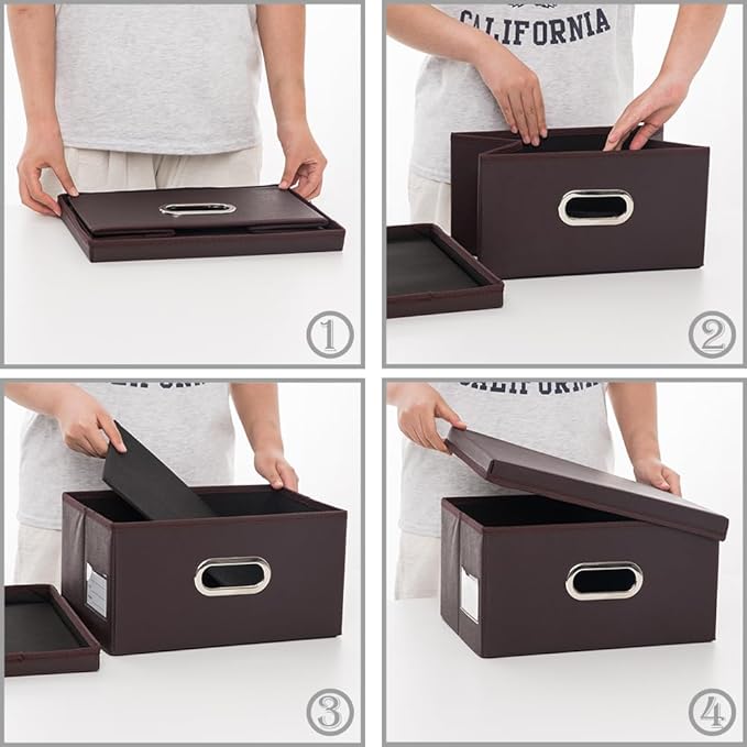PRANDOM Collapsible Storage Box with Lid [3-Pack] Leather Fabric Foldable Storage Bin Organizer Container Basket Cube with Cover for Home Bedroom Closet Office Nursery Brown(13.6x9.6x6.9)-Ruum Studio Home