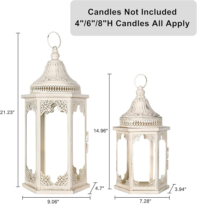 NEEDOMO Lanterns Decorative Outdoor & Indoor, Set of 2 Outdoor Lanterns for Porch,Large Candle Lantern, Beige Metal Frame with Glass for Fall, Christmas-Ruum Studio Home