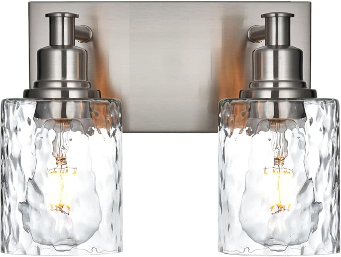 BONLICHT Modern Bathroom Light Fixtures in Brushed Nickel Finish, 2 Light Industrial Indoor Wall Sconce Farmhouse Vanity Lighting Over Mirror with Hammered Glass Contemporary Hallway Wall Mount Lamp-Ruum Studio Home