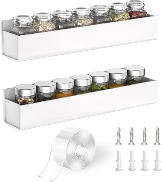 PMMASTO Adhesive Acrylic Spice Rack Organizer for Wall with Nano Double Sided Tape, Spice Shelf Organization for Kitchen Cabinet Door/Pantry Door, Wall Mount Seasoning Rack (White-2 Pack)-Ruum Studio Home