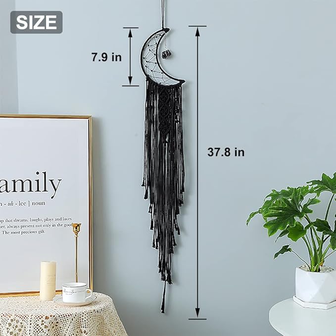 MOONFLY Black Moon Dream Catcher with Handmade Crystal Stone Design Woven Cotton Dream Catchers Boho Macrame Wall Hanging Home Decoration Ornament Craft Gift (Black Crystal Stone Moon)-Ruum Studio Home