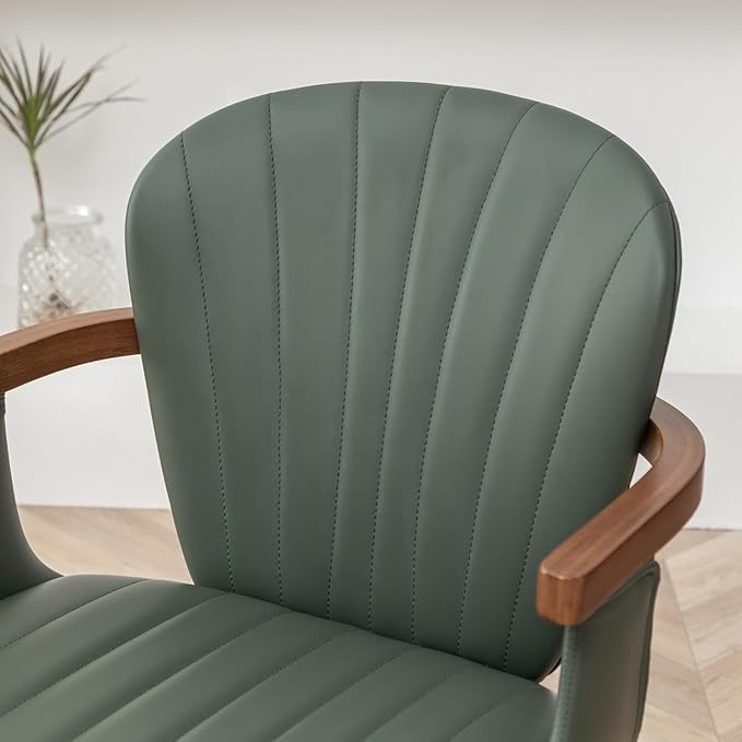 LUNLING Swivel Dining Chairs, Mid Century Modern Green Faux Leather Kitchen Chairs with Arms,Bamboo Legs Side Chairs No Wheels,Accent Chair for Dining Rooms and Offices,1PCS-Ruum Studio Home