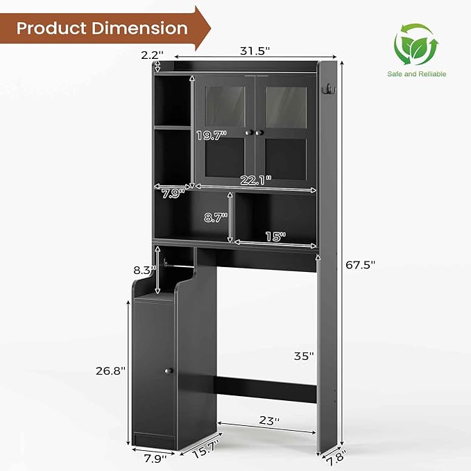 Itaar Over The Toilet Storage Cabinet, Over Toilet Bathroom Organizer with Glass Doors & Toilet Paper Holder Stand, Home Space-Saving Toilet Rack, for Bathroom, Restroom, Laundry(Black)-Ruum Studio Home