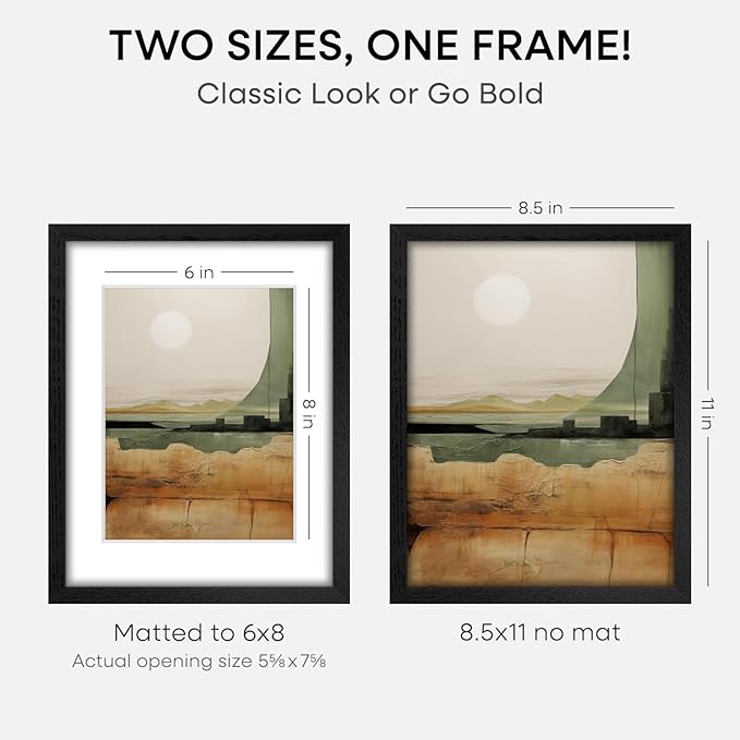 Homeforia 8.5x11 Picture Frame Black Wood, High End Oak 8.5 x 11 Frames with Mat 6 by 8 Print, 8.5by11 Wooden Frame Matted to 6x8 inch Photo, Wall or Tabletop Frame, Tempered Glass, Wall Kit, Set of 1-Ruum Studio Home