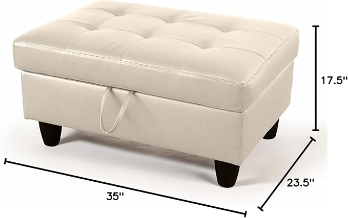 Ottoman Rectangular Storage Ottoman Bench, Faux Leather Footrest, Coffee Table, Stool Footstool with Hinged Lid for Living Room, Bedroom, Entryway, Champagne, 35"x23.5"x17.5"-Ruum Studio Home