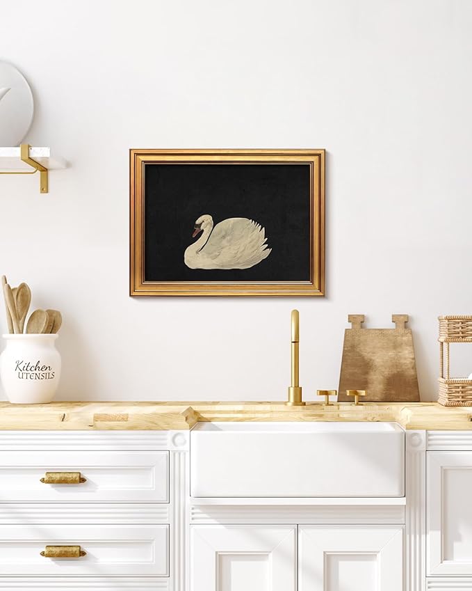 HUARCEY Gold Framed Vintage Wall Art for Living Room, Grace Swan Art Painting Pictures Rustic Animal Bathroom Prints Farmhouse Wall Decor Canvas Swan Shelf Decor for Kitchen Bedroom (Zwaan 12"x16")-Ruum Studio Home