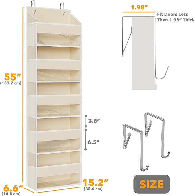 SpaceAid 2 Pack Over The Door Organizer with 5 Large Pockets and 10 Mesh Side Pockets, 5 Layers Door Organizer Hanging with Clear Window for Bedroom, Bathroom, Pantry and Nursery, Beige-Ruum Studio Home