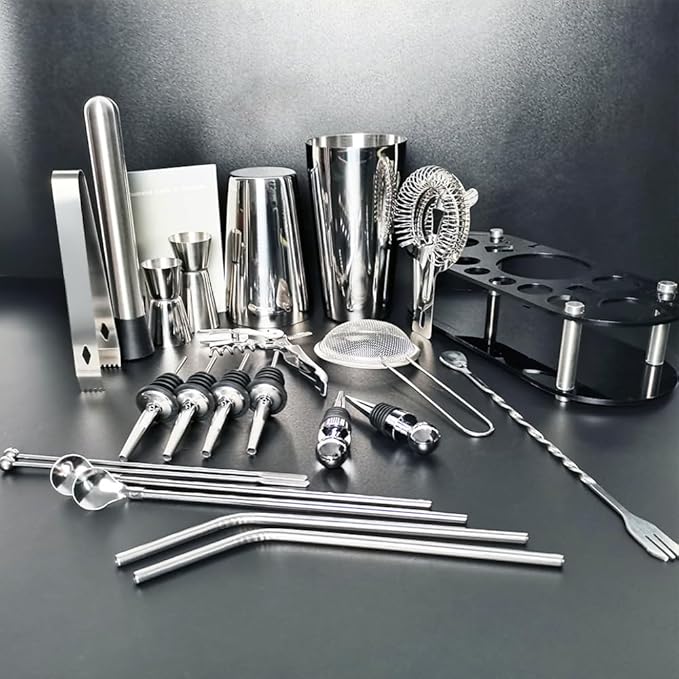 22-Piece Cocktail Shaker Set, 25/20oz Bartender Kit, Bartending Stainless Steel Bar Tools Sets for Drink Mixing, Boston Cocktail Shakers with Stand Recipes Booklet (Siver 25-20oz)-Ruum Studio Home