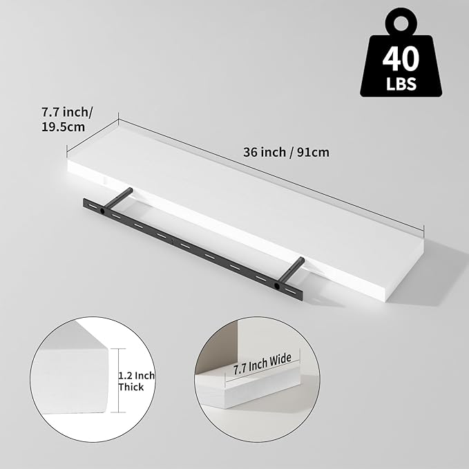 SAUMONIERES Floating Shelves 8 Inch Deep Solid Wood Wide Wall Shelf Set of 2 Wall Mounted for Bedroom Bathroom Living Room Kitchen, 36 Inch White-Ruum Studio Home