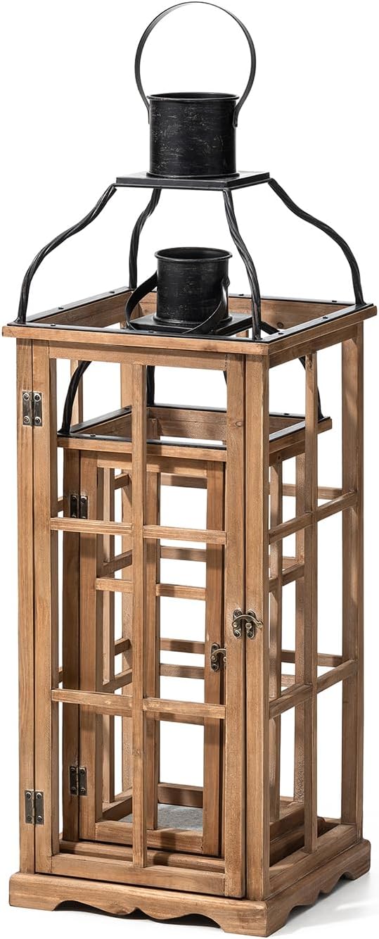 Glitzhome Set of 2 Oversized Farmhouse Wood Lanterns with Metal Top Decorative Hanging Candle Lanterns for Home Décor, Natural (No Glass)-Ruum Studio Home