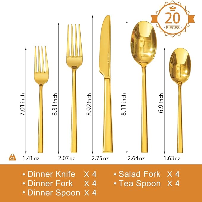KINGSTONE Gold Silverware Set, 20-Piece Forged Flatware Set Cutlery Set Premium Stainless Steel, Service for 4, for Kitchen, Home, Wedding, Party, Mirror Polished and Dishwasher Safe-Ruum Studio Home