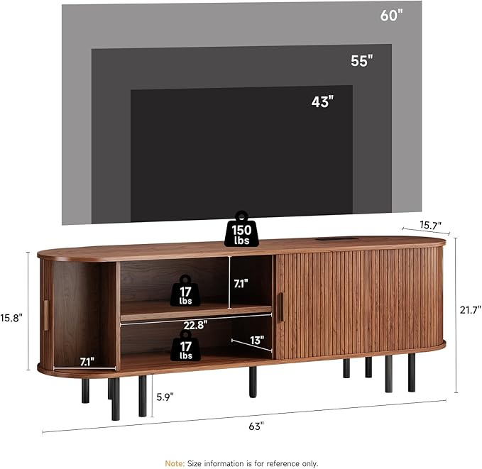 63" TV Stand with Power Outlet, Modern Media Console with Sliding Doors, Entertainment Center for TVs up to 60 Inch, Adjustable Shelves, Walnut-Ruum Studio Home