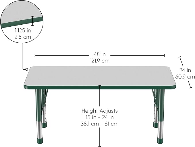 FDP Rectangle Activity School and Kids Classroom Table (24 x 48 inch), Toddler Legs, Adjustable Height 15-24 inches - Gray Top and Green Edge-Ruum Studio Home