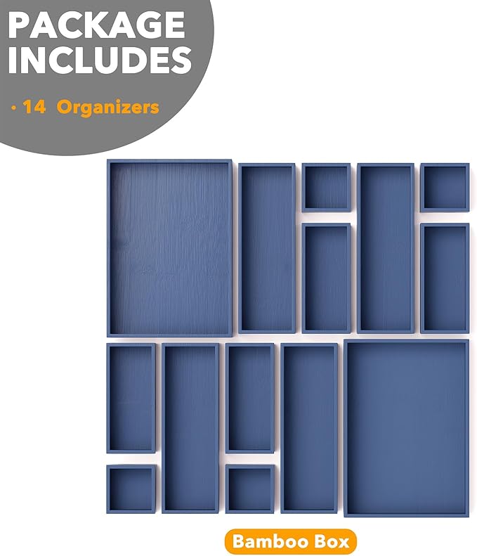 SpaceAid 14-Piece Bamboo Drawer Organizer Storage Boxes Set, Wood Tray Junk Drawer Organizers Multi-Use Divider Bins for Kitchen, Bathroom, Office Desk and Makeup Organization (14 Pack, Navy Blue)-Ruum Studio Home