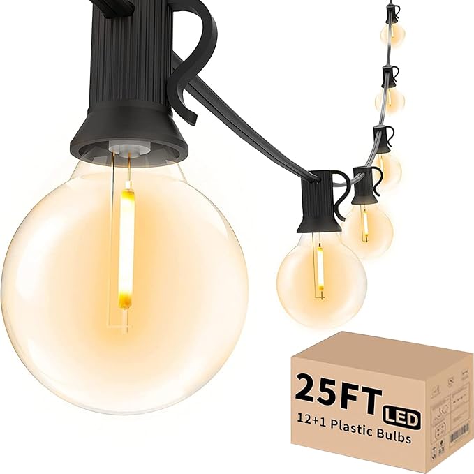 Svater Outdoor String Lights LED 25 FT, Patio Globe Lights with 13 Plastic G40 Bulbs, Waterproof Dimmable Outside Hanging Light for Backyard Bistro Cafe Porch Party Decor, 2700K Warm White-Ruum Studio Home