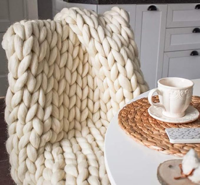 Chunky Knit Blanket Hand Made Merino Wool Throw Boho Bedroom Sofa Home Decor Giant Yarn(Ivory White 40"x80")-Ruum Studio Home