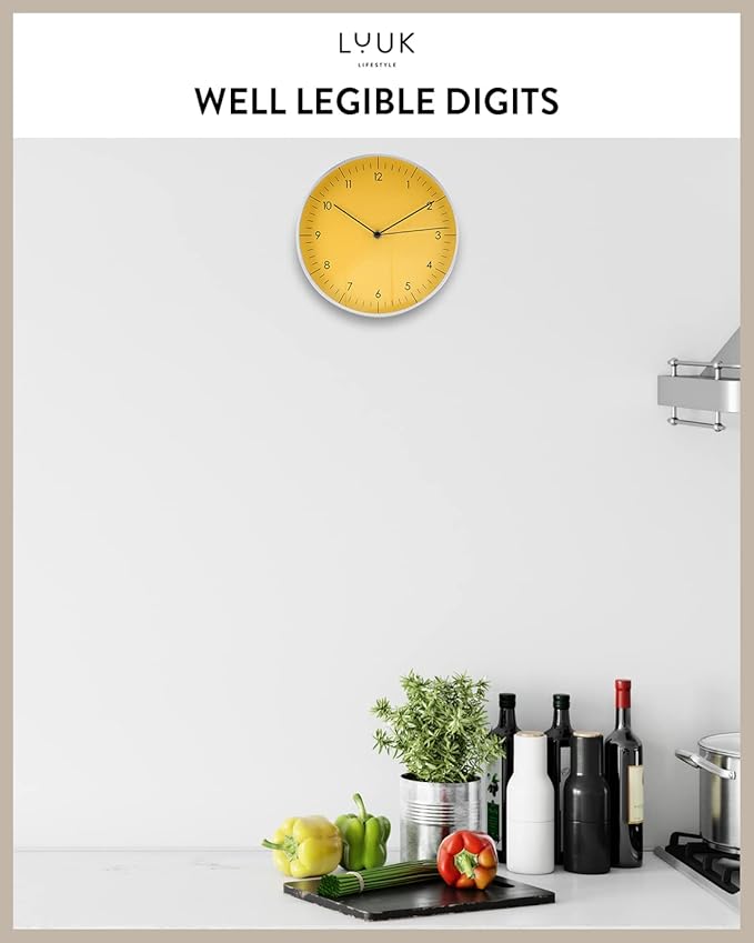 LUUK LIFESTYLE 10” Quartz Wall Clock with Silent Movement, Timeless Scandinavian Design, Kitchen Wall Clock, Decoration for Children's Room, Yellow and Silver-Ruum Studio Home