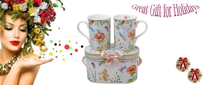Lightahead Elegant Bone China Two Coffee Mugs Set in Floral Design 10.8 oz Each Cup in Attractive Gift Box-Ruum Studio Home