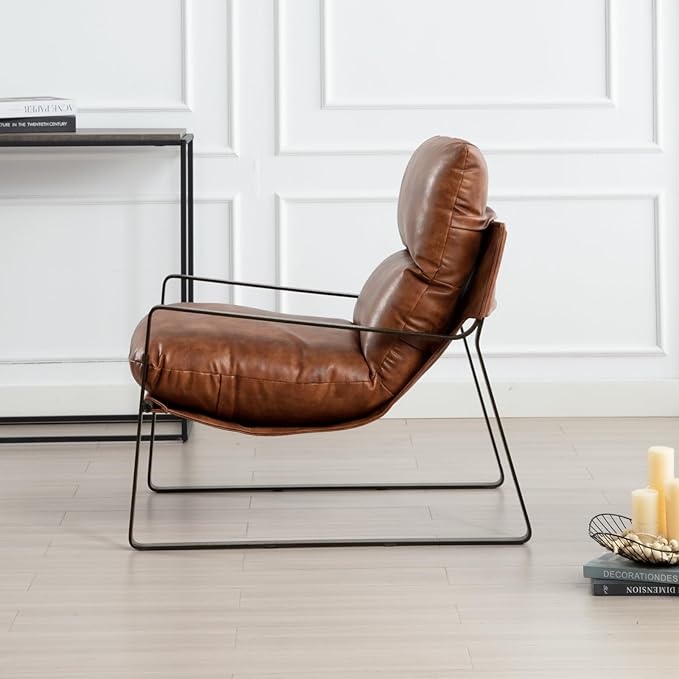 DUOMAY Mid-Century Accent Chair Armchair, Comfy PU Leather Leisure Chair Lazy Chair with Brozen Metal Leg for Living Room Bedroom Office Apartment, Brown-Ruum Studio Home