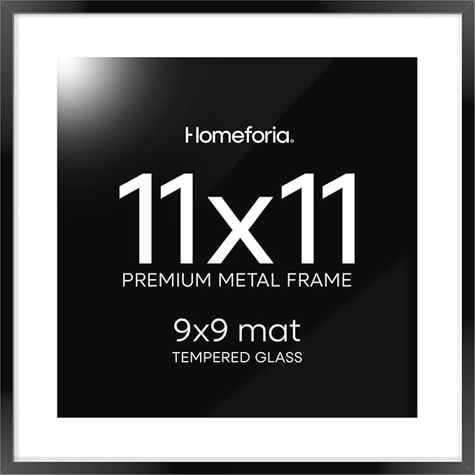 Homeforia 11x11 Picture Frame Black, High End Metal 11 by 11 Square Frames with Mat 9 x 9 Opening, 11by11 Poster Frames Matted to 9x9 inch Photo, Wall Hanging Frame, Tempered Glass, Wall Kit, Set of 1-Ruum Studio Home