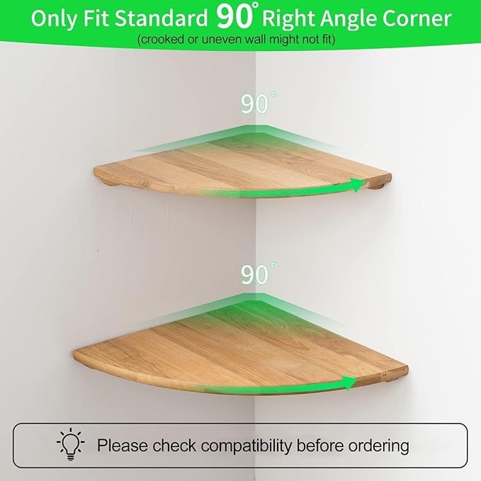 Corner Shelves, Floating Corner Shelf, Set of 2 16inch Solid Oak Wood Wall Shelves, Round End Wall Mount Display Shelf with Wire Hole for Bedroom Kitchen, Living Room-Ruum Studio Home