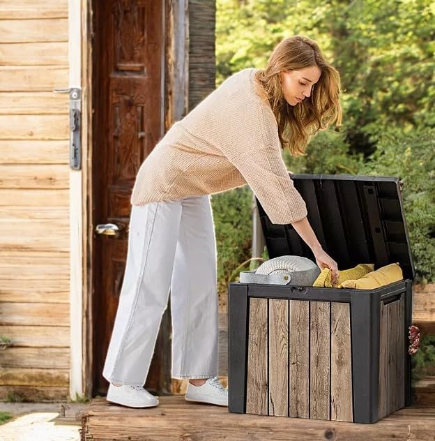 Outdoor Storage Box, Wood-Look Resin Deck Container, Indoor/Outdoor Storage, Ash Wood Brown (30 Gallon)-Ruum Studio Home