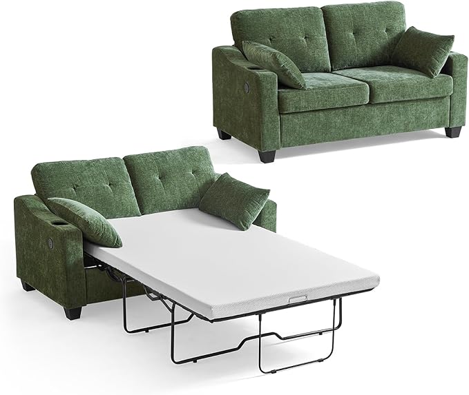 CHIC HOUSE Pull Out Sofa Bed, Full Size Sleeper Sofa, 2-in-1 Convertible Chenille Couch with USB Charging, Memory Form Couch for Living Room, Apartment & Small Space (Green, Chenille - Full)-Ruum Studio Home