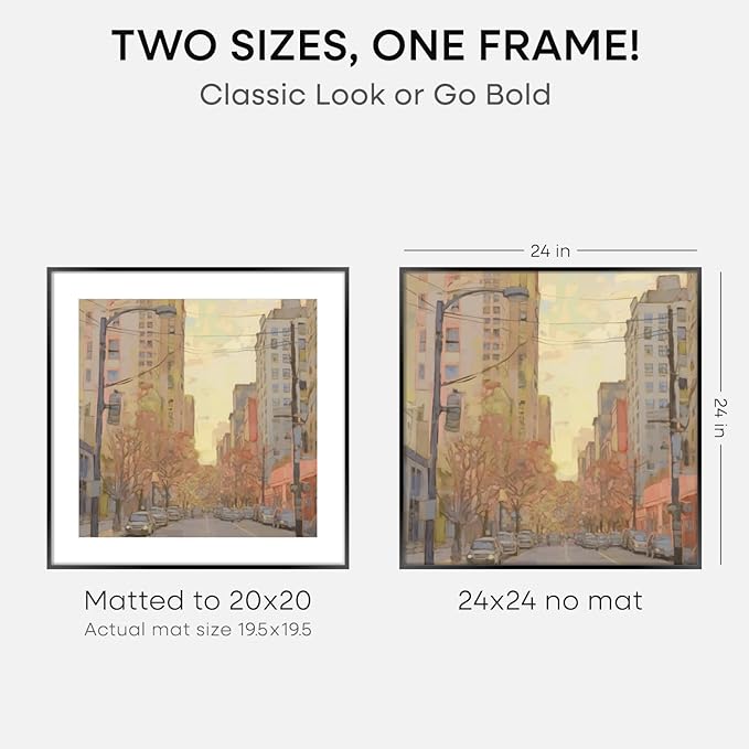 Homeforia 24x24 Picture Frame Black, High End Metal 24 x 24 Large Square Poster Frame Matted to 20 x 20 in Photo, 24by24 Thin Black Frames with Mat 20x20 inch Print, Tempered Glass, Wall Kit, Set of 1-Ruum Studio Home