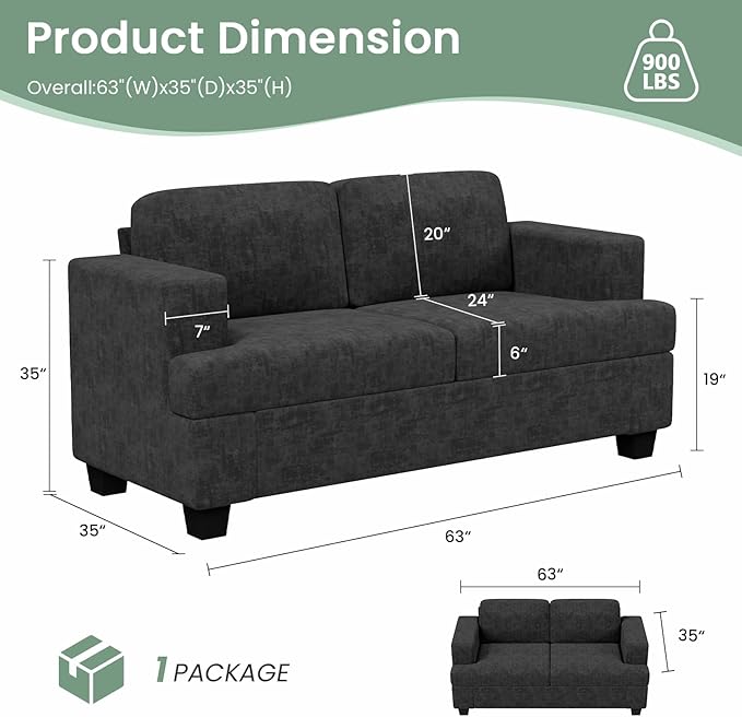 Sofa, 63” Comfy Loveseat Sofa with Deep Seats, Couch for Living Room, Modern Sleeper Couch, Dark Grey Chenille-Ruum Studio Home