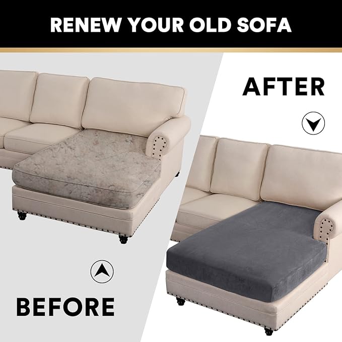 PrinceDeco Sectional Couch Covers Velvet Couch Cover for Dogs Washable L Shaped Couch Cover 1 Piece Individual Sectional Couch Covers with Elastic Bottom(Chaise Lounge,Grey)-Ruum Studio Home