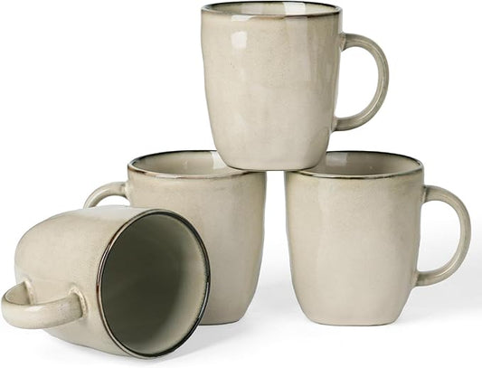 famiware Coffee Mugs Set of 4, Ocean Square 13oz Coffee Cup Set with Handle for Cocoa, Milk, Hot Chocolate, Tea, Water, Stoneware Cups for Kitchen, Microwave and Dishwasher Safe, Light khaki-Ruum Studio Home