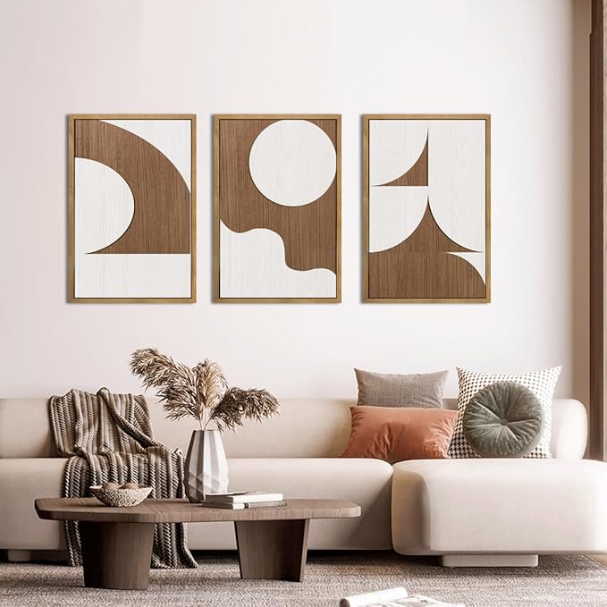 Large Abstract Brown and Beige Wall Art Set Modern Geometric Wood Grain Wall Decor Minimalist Neutral Mid Century Artwork Bohemian Art Decor for Living Room Bedroom Office-16x24Inch x3-Ruum Studio Home