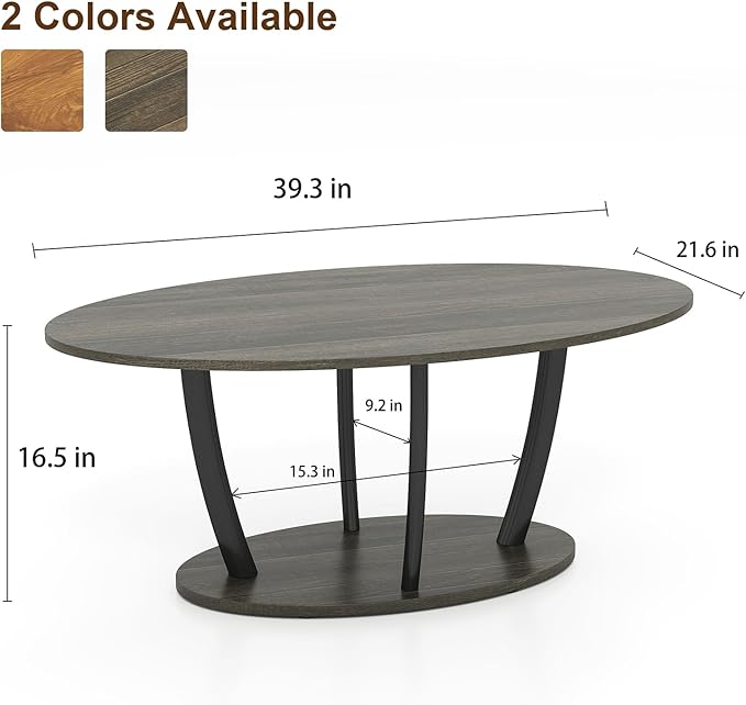 Manora Small Oval Coffee Table with Storage, Rustic Farmhouse Industrial Center Table for Living Room, VintageTea Table for Small Spaces, Gray-Ruum Studio Home