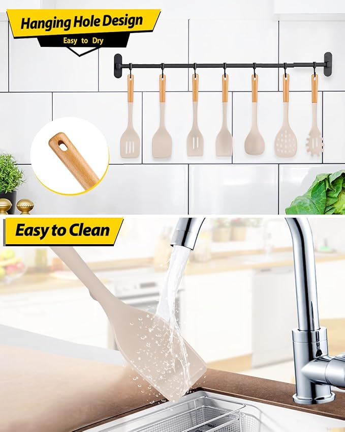 Silicone Kitchen Utensil Set for Non Stick Cookware, 7 Pcs Heat Resistant Cooking Utensils with Wooden Handle, BPA Free Kitchen Tools with Spatulas, Spoons, Skimmer and Pasta Fork (KHAKI)-Ruum Studio Home