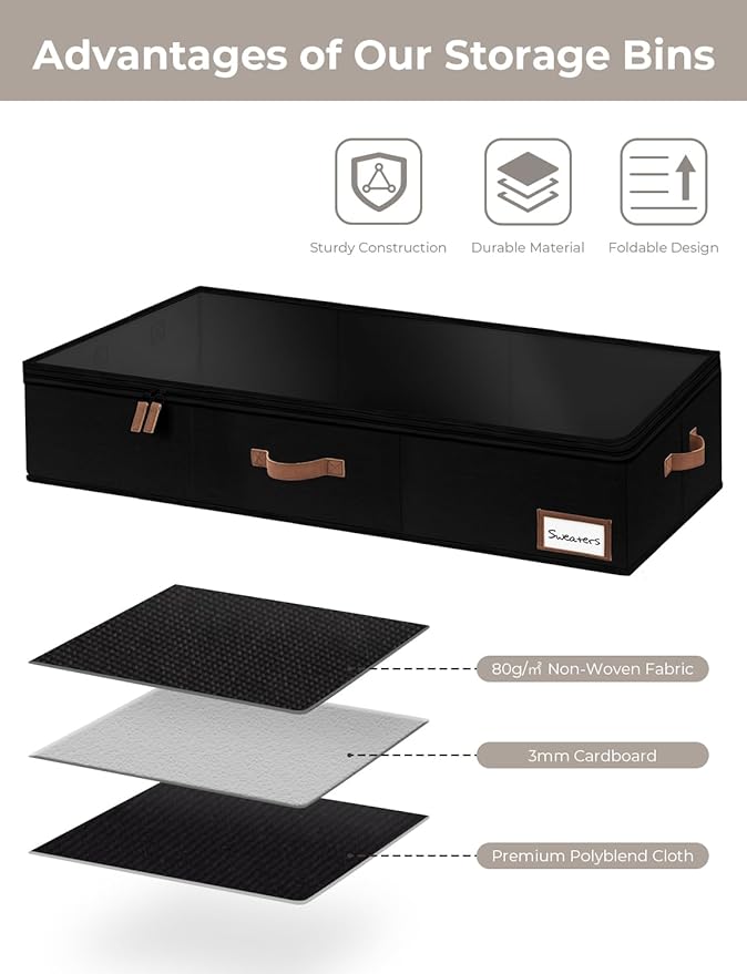 StorageWorks Extra Large Under Bed Storage Containers with Handles and Label Holder, 2 Pack Ultra-thick Fabric Underbed Bins, Closet Organizer for Clothes, Blankets, Sweater-Ruum Studio Home