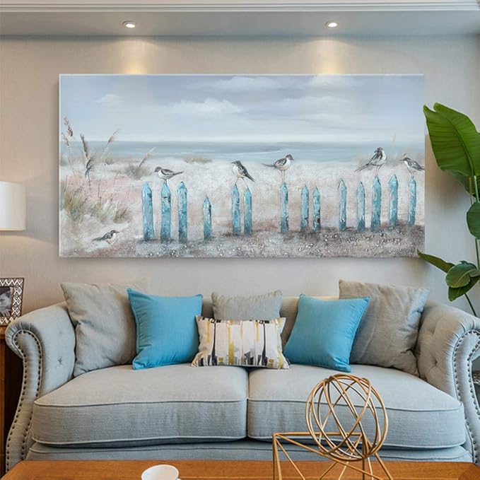 Big Wall Art for Living Room Extra Large Hand-painted Beach Oil Painting Ocean Sea Bird Seagull Canvas Artwork Framed Seascape Coastal Picture for Office Bedroom Decor 60 x 30 inch-Ruum Studio Home