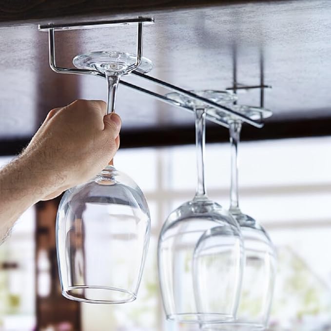 Soro Essentials- 16" Glass Hanging Stemware Rack Chrome Plated Set of 2- Wine Glass Hangers Under Shelf Cabinet Wire Wine Holder Storage Hanger for Cabinet Kitchen Bar or Home-Ruum Studio Home