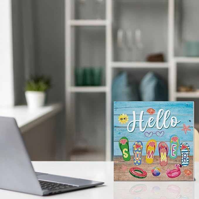 Summer Decor Hello Summer Decorations Flip Flop Wooden Sign Rustic Home Decor 5 x 5 Inches-Ruum Studio Home