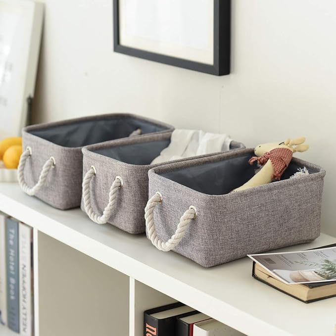 TheWarmHome Foldable Small Storage Baskets with Strong Cotton Rope Handles [6-Pack] Gray Collapsible Storage Bins Set Works Room Storage, Nursery Baskets-Ruum Studio Home