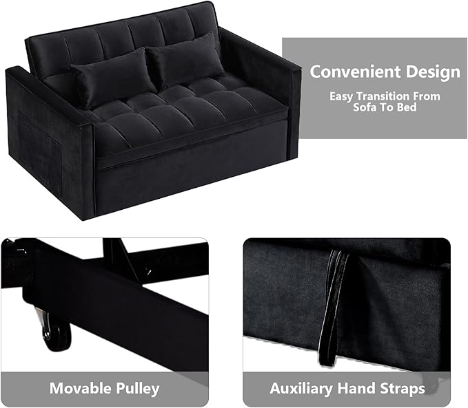 3 in 1 Convertible Sleeper Sofa Bed,Futon Loveseat Couch with Pull-Out Bed & Adjustable Backrest,Velvet Fabric Sofa with Side Pocket for Small Apartment, Living Room, Office (Black)-Ruum Studio Home