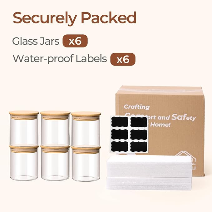 ComSaf Airtight Glass Food Storage Jars Set of 6, 0.6 Qt Clear Glass Food Storage Container with Sealing Wooden Lid, Stackable Spice Jar, Round Kitchen Canister for Sugar, Tea, Coffee bean, Pasta, Oat-Ruum Studio Home