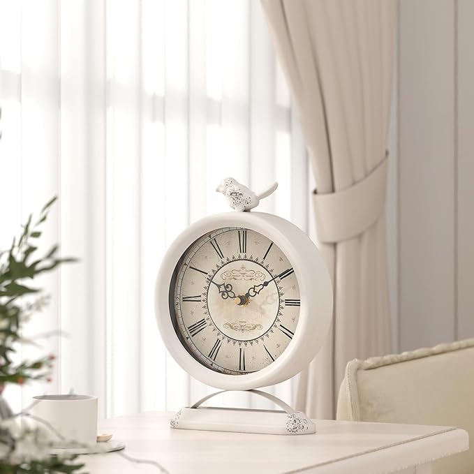 Vintage Table Clock with Bird, European Antique Style White Mantel Clocks, Desk and Shelf Decor Clock, for Farmhouse, Bedside, Living Room, Bedroom, Gift (9" H x 6.5" W)-Ruum Studio Home