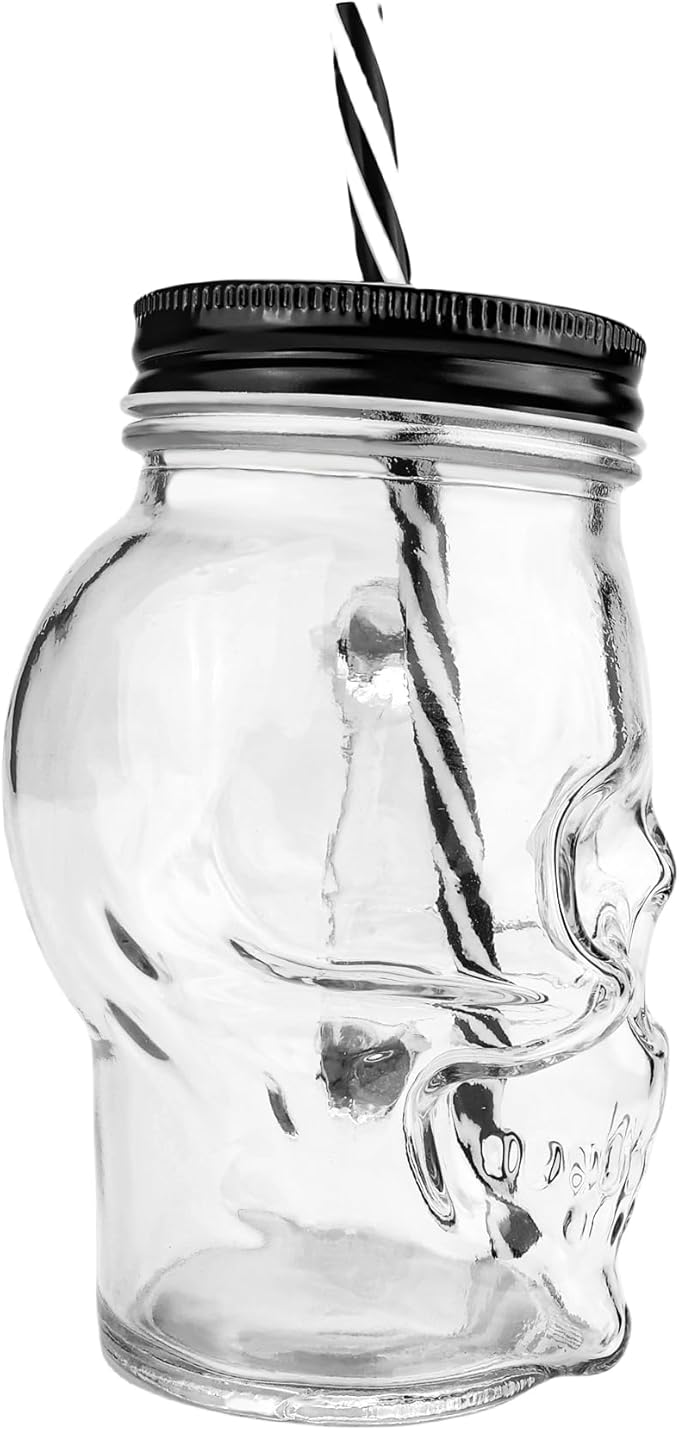 Halloween Cups Set of 4 - Skull Mason Jar with Lids Straws and Handle - Skull Drinking Glasses for Halloween Party Bar Decor (16 oz, Clear)-Ruum Studio Home